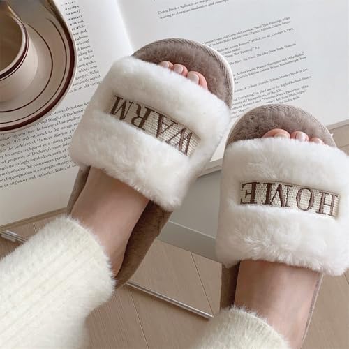 ZQW Women Minimalist Fuzzy Plush Slippers Aesthetic Open Toe Non-Slip Slides Lazy Comfy Cozy Indoor House Shoes Fall Winter2