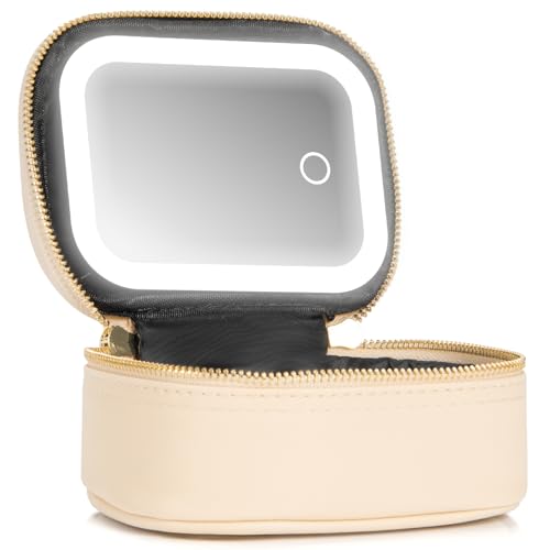 Small Makeup Bag with Led Mirror, Mini Travel Make up Bag 3 Light Modes Adjustable Brightness, for Women Organizer Cosmetic Bag, Portable Travel Train Toiletry Bag, for Pool Parties Work Touch-Ups