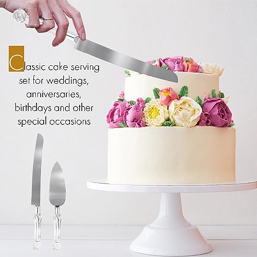 Wedding-Cake-Knife-and-Server-Set-Cake-Cutter-and-Pie-Spatula-Cake-Server-and-Knife-Set-of-2-with-Crystal-Handles-12mm-Thick-Blades-Cutting-Set-for-Birthdays-and-Parties-Crystal-Silver