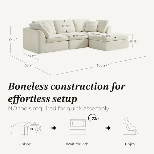 Image of CHITA 108 inch Cloud Sectional Couches for Living Room, Boneless L-Shape Sofa with Ottoman, 3 Seater Modular Sectional Sofa, Cream