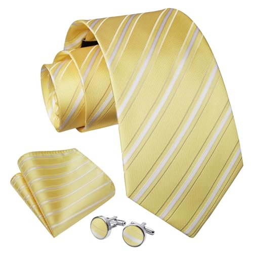 Image of Enlision Mens Ties Stripe Tie and Pocket Square Set Classic Formal Woven Neckties Handkerchief Cufflinks Wedding