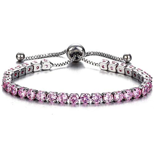 Adjustable Size Women Eternity Cubic Zircon Stackable Chain Bracelet (Silver Pink)