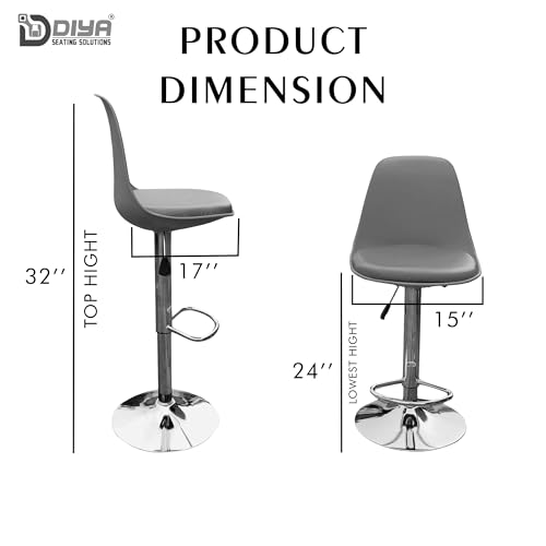 Image of DIYA Seating Solutions 360 Revolving Adjustable Height Bar Stool Chair with Chrome Metal Base | 1 Year Warranty | Leatherette Upholstery | Durable Stool for Kitchen, Office, Cafe- Grey (Pack of 2)