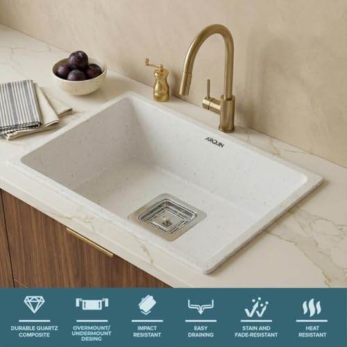Image of ARQUIN Quartz Kitchen Sink 24x18x9 Inch Rosa | Single Bowl Sink | Durable & Scratch-Resistant | Undermount /Topmount Including Coupling, Waste Pipe & Fruit Washing Basket