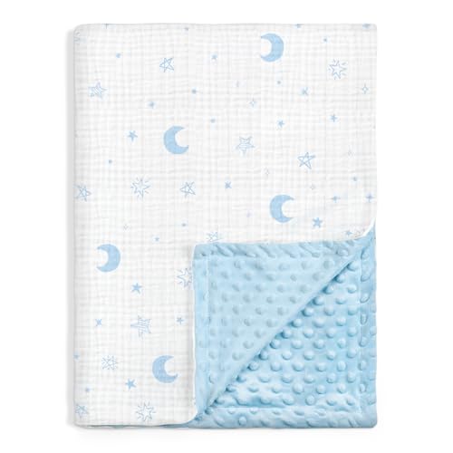 Image of Star Moon Baby Blankets for Boys Girls, Soft Nursery Minky Blankets with Muslin and Dotted Fleece Back 30x40 inches, Receiving Bed Quilt for Newborn, Infants, Toddlers