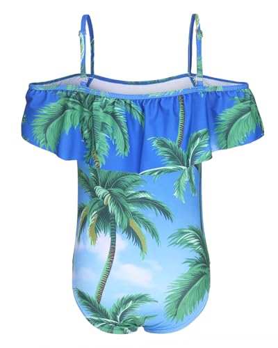 Image of Girls One Piece Swimsuits Off Shoulder Bathing Suit Kids Hawaiian Floral Swimwear 3-16 Years