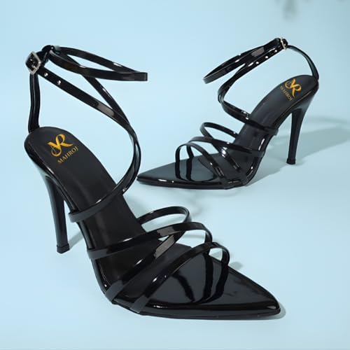 Image of Women's Sultry Pointed Toe Stiletto Heels All-Black Elegant Party Heels with Intricate Strap Detailing