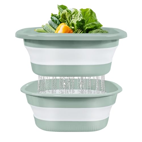 Monbalcon Collapsible Colander and Sink Basin Set - 2 in 1 Collapsible Colander Strainer with Collapsible Wash Basin for Kitchen, RV Camping, Foldable Fruit Vegetable Washing Basket, 8 QT, Blue