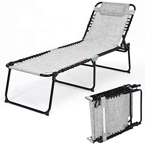 RELAX4LIFE Folding Sun Lounger, 4-Level Adjustable Patio Chaise Lounge Zero Gravity Reclining Chair with Removable Headrest & Side Pocket, Portable Outdoor Recliner Sunbed for Garden Beach (Gray)