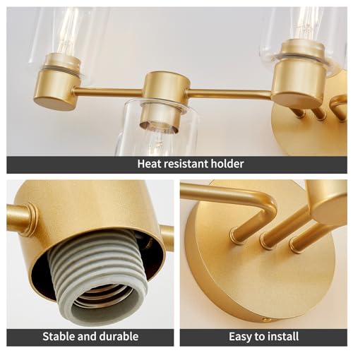 Image of WUZUPS 5-Light Bathroom Wall Light Fixture Over Mirror Clear Glass Shade Morden Vanity Scones Light for Bedroom Living Room, E26 Base, Gold