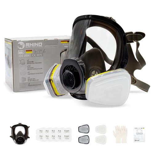 Masque à Gaz Complet Respirateur RHINO Réutilisable pour Vapeurs Organiques, Gaz Acides, Fumigation, Peinture | Protection Faciale avec Filtre et Gants de...