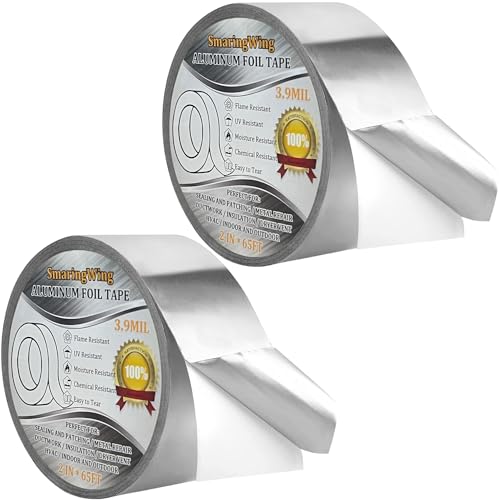 2PCS Premium Aluminum Foil Tape, Silver Metal Duct Tapes (2' x65Feet,3.9mil) with Adhesive Backing...