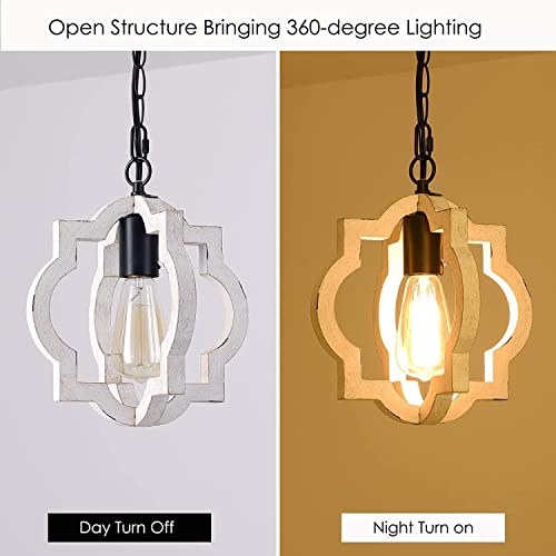 1-Light Farmhouse Plug In Pendant Light,Wood Hanging Light With 16.4Ft Cord With Switch,Hand-Painted Distressing White Finish,For Kitchen Dinning Room Bathroom #TOP4