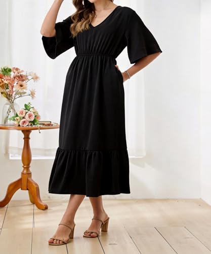 Image of Women's Summer Short Sleeve Maxi Floral Flowy Dresses with Pockets