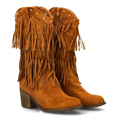95012 Bota Cowboy con Flecos para Mujer. Acabado Tipo Ante, Tachuelas metalicas, Tacon Ancho Comodo....