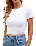 Artfish Women's Basic Teen Tee Workout Crewneck Short Sleeve Slim Fitted Casual Crop Top Shirts (White, S)