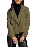 luvamia Cropped Trench Coat for Women Long Sleeve Double Breasted Notched Lapel Casual Loose Fit Jackets with Pockets Army Green Small