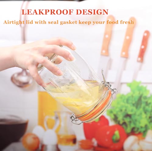 Image of 32oz Wide Mouth Glass Jars 4 Pack with Airtight Hinged Lids, Large Clear Kitchen Canisters with Measurement Marks & Decorative Fruit Design for Flour, Coffee, Beans, and Canning (6pack-32oz)