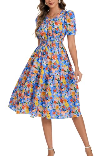 Image of Kormei Women Summer Casual Boho Floral Round Neck Short Sleeve Smocked Waist Tiered Flowy Swing Midi Dress