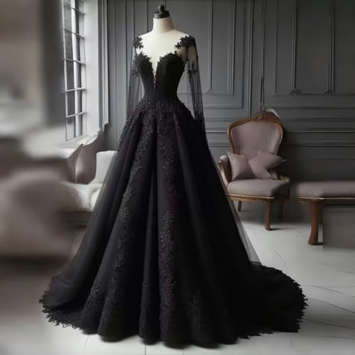 TRHTX A-line Lace Gothic Wedding Dresses for Bride Long Sleeve Black Bridal Gowns Applique V Neck Wedding Gowns with Train4