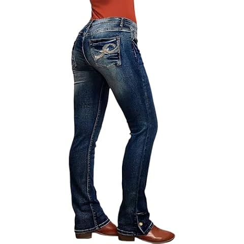 Women's 90s Vintage Stretch Bootcut Jeans Low Rise Button Hem Flare Straight Leg Denim Pants,Dark Blue,Large Cover