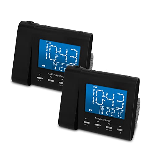 Magnasonic Projection Alarm Clock with AM/FM Radio, Battery Backup, Auto Time Set, Dual Alarm, Sleep Timer, Indoor Temperature/Day/Date Display with Dimming & Audio Input for Smartphones - 2 Pack