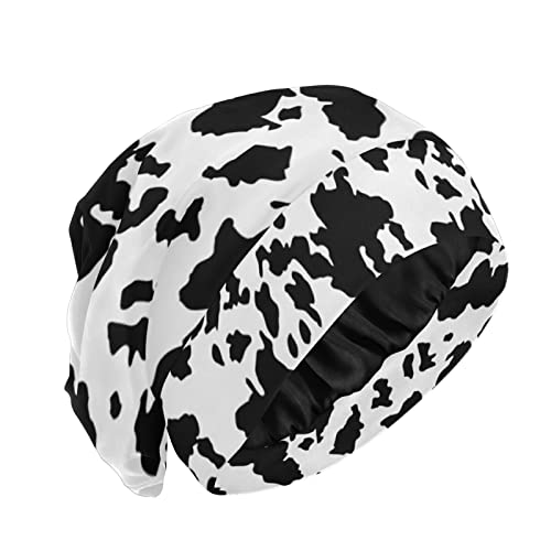 Animal Texture Print, Cow Skin Black White, Black Stains Spots Woman Silk Satin Slouchy Beanie Sleep Cap, Lightweight Cozy Soft for Hair Cover Bonnet, Night Caps Head Cover for Sleeping