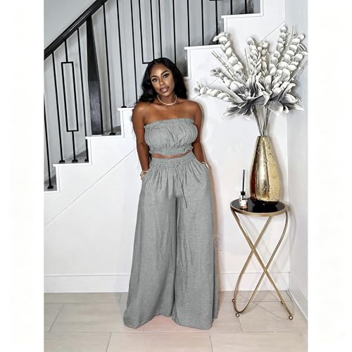 Image of Two Piece Sets for Women Summer Outfits Crop Tops and Wide Leg Pants Sets Sexy Jumpsuits Vacation Outfits with Pockets