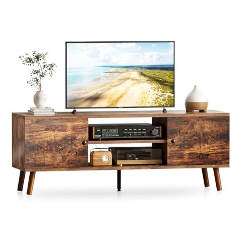 YSSOA TV Stand for 55 60 inch Living Room, 2 Cabinet Media Console Table, Entertainment Center with Storage, Soft Hinge Door with Handle, Wood Feet, Bedroom Furniture-Brown Cover