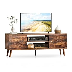 YSSOA TV Stand for 55 60 inch Living Room 2 Cabinet Media Console Table Entertainment Center with Storage Soft Hinge Door with Handle Wood Feet Bedroom Furniture Brown