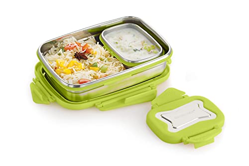Image of STEELLOCK Smart Stainless Steel Tiffin Lunch Box for Kids and Adults 2pc Set | Airtight & Leakproof | Rectangle Combo for School & Office with Steel Lid | (1pc - 750ml & 1pc - 170ml) Green