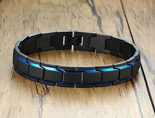 MEALGUET 2-Tone Black and Blue Stainless Steel Celtic Knot Engraved Triquetra Knot Symbol Link Bracelet Wristband for Men, 8.2"3