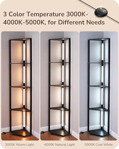 Image of EDISHINE 64'' Corner Display Shelf Floor Lamp, 3CCT, Floor Lamp, Black | Stepless Dimming, Modern 4-Layer Shelf, Foot Switch, 3000K-4000K-5000K, Tall Corner Lamp for Bedroom, Office, Dining Room
