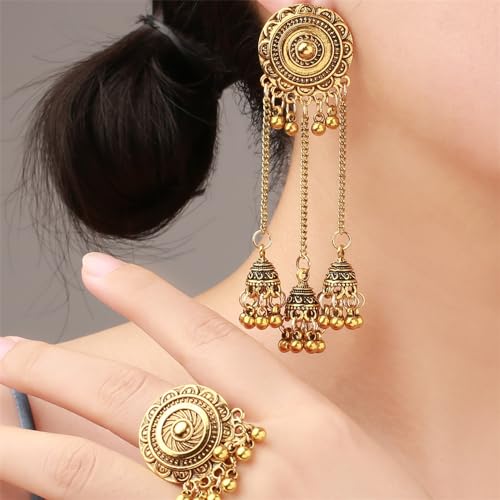OIDIMS Bohemian Flower Statement Ring for Women Cluster Vintage Jhumka Jhumki Statement Tassel Dangling Ball Open Finger Rings Wedding Band Adjustable Indian Bollywood Dress Accessories Jewelry Gift2