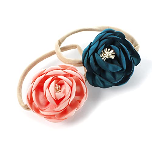 My Lello Baby Girl Ranunculus Flower Stretchy Nylon Elastic Headbands Set 2pcs - Small - Peach/Teal