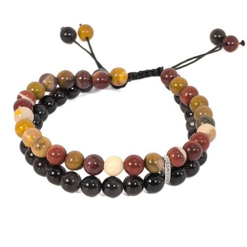 6MM Stackable Healing Bracelet - Mookaite Jasper & Silver Sheen Obsidian Beads for Peace, Prosperity & Positive Energy | Adjustable Handwoven Cord | Boho Chic Spiritual Jewelry