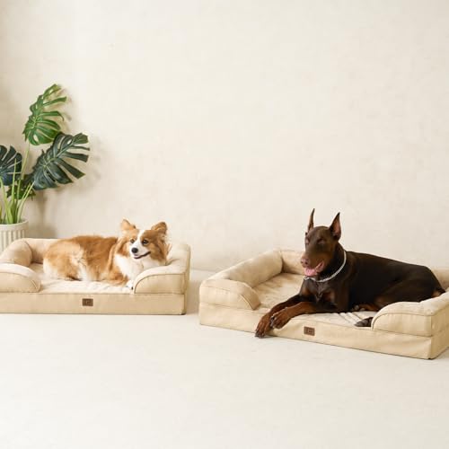Image of EHEYCIGA Orthopedic Dog Bed for Medium Dogs, Waterproof Memory Foam Medium Dog Beds with Sides, Non-Slip Bottom and Egg-Crate Foam Pet Couch Bed with Washable Removable Cover, Greige