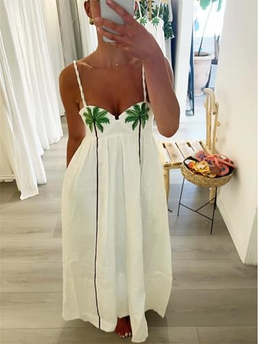 Image of Yuemengxuan Boho Maxi Dresses for Women Spaghetti Strap Flowy Smocked Long Dress Casual Summer Vacation Beach Maxi Dress