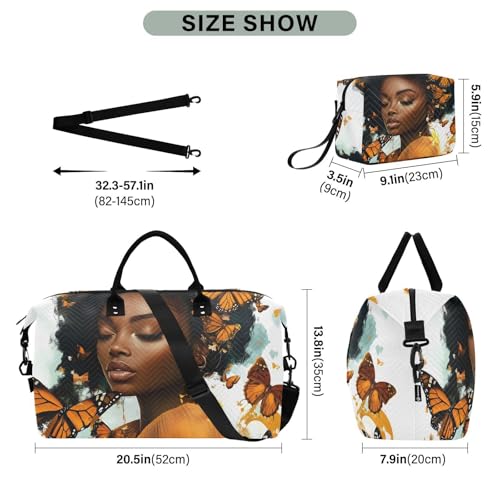 Afro Woman Butterflies Travel Duffel Bag Gym Bag Sports Tote Bag with Multiple Interior Pockets Shoulder Weekender Bag for Women Men with Toiletry Bag 20.5”x 7.9”x 13.8”3