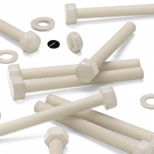 Image of 5X Natural Nylon PA66 Hex Head Plastic Bolts, Nuts & Washers, M16 x 150 mm, Fastener, (5 /8 x 5 29 /32 in)