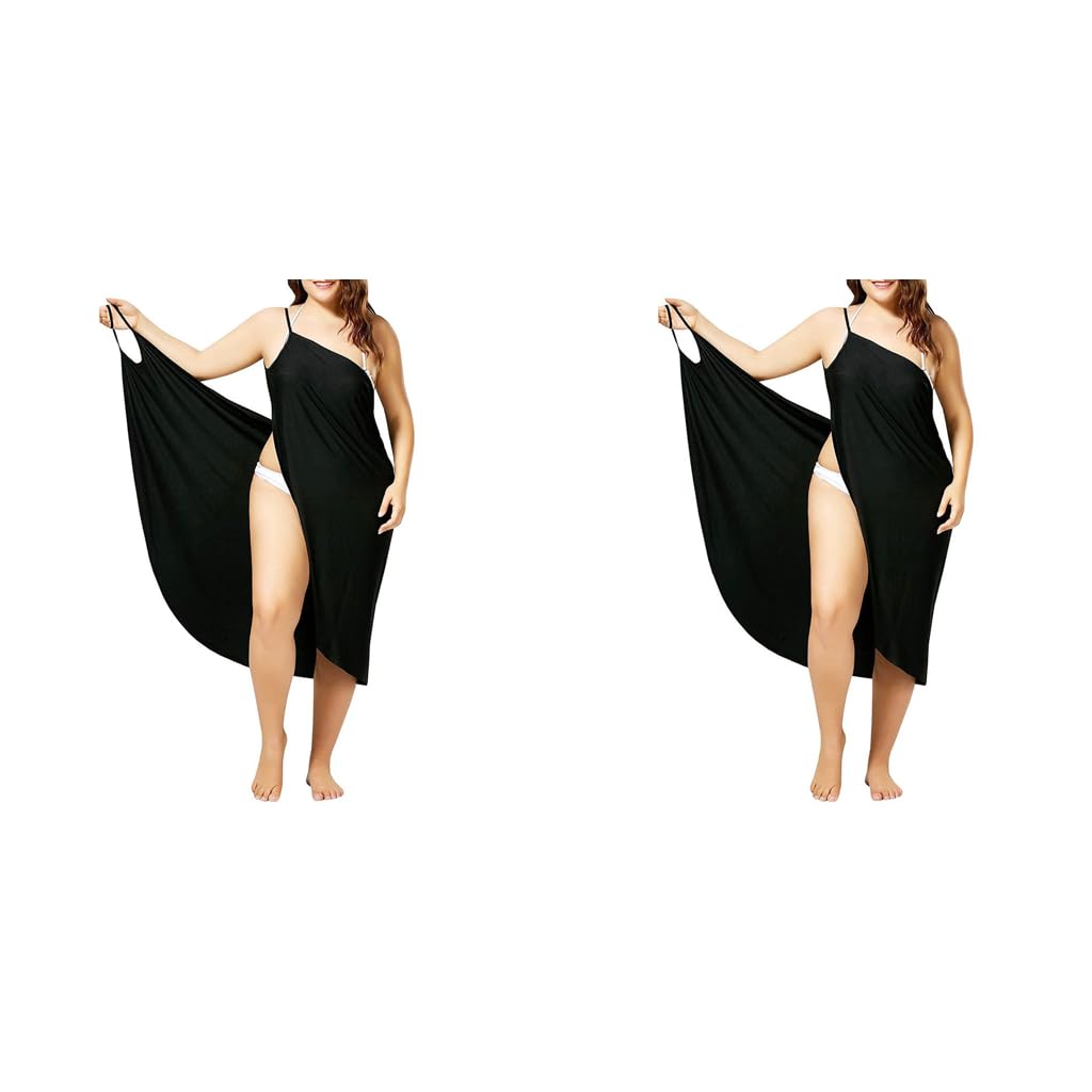palay Beach Wear Dress for Women Stylish Solid Spaghetti Strap Wrap Bikini Set Swimsuit Cover Up Lightweight Sarong Outfits L Black 2PCS-picture-37