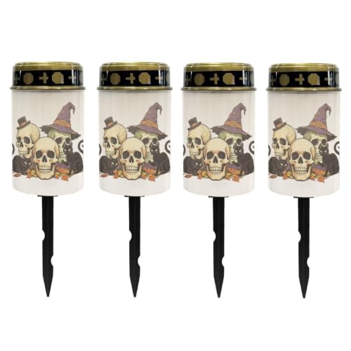 Image of Poceacles Solar Lights Outdoor Grave Candle for Cemetery Decoration Solar Outdoor Lights for Garden Lawn Backyard Pathway Decor, Skull Black Cat Leaf Print, Pack of 4