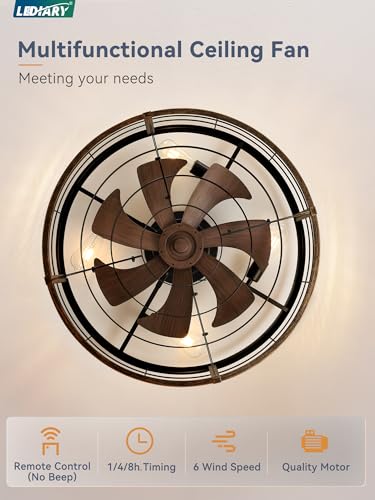 Image of LEDIARY 26 inch Caged Ceiling Fan with Light and Remote, Low Profile Flush Mount Fandelier, Black Gold Bladeless Enclosed Small Fan Lights Ceiling Fixtures, Rustic Farmhouse Style for Bedroom, Outdoor