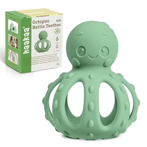 haakaa 2-in-1 Baby Teething Toy,Octopus Teether with Gentle Rattle,Soft Textured