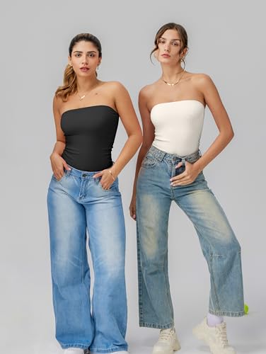 Image of OQQ Womens Tube Bodysuits Strapless Basic Sleeveless Ruched Stretch Classic-Fit Tops Sexy Bodysuits