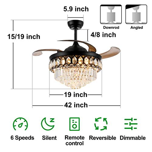 42″ Retractable Chandelier Ceiling Fan With Light And Remote Control Modern Crystal Fan With Light Kinds Of Color Dimming 6-Speed Led Fandelier With Invisible Silent Blades #TOP4
