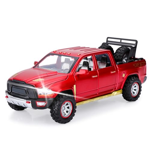 SASBSC Toy Trucks for Boys Age 3-12 Pickup Truck Toys Diecast Metal Model Cars with Light and Sound Pull Back Car Toy for 3+ Year Old Kids (Red)