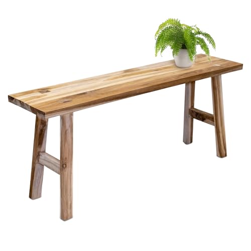Spetebo Teakholz Blumenbank Natur rechteckig - 100 x 42 cm - Massivholz Deko Hocker Landhaus rustikal - Echtholz Pflanzenständer Blumenpodest Holzbank Deko Holz Hocker