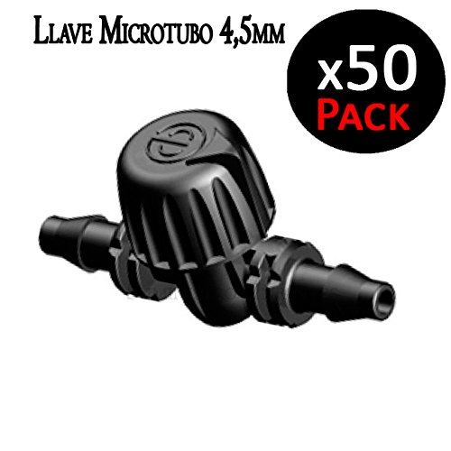 Valvula microtubo 4,5mm. Llave de paso goteo para unir microtubo de 3 x 5 mm o 4mm. Color negro. Accesorio utilizado en riego por goteo. Bolsa de 50 válvulas de paso microtubo.