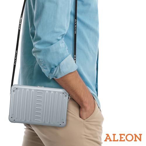 Image of Horizontal All Aluminum Crossbody Bag - Lightweight Compact Travel Case with Adjustable Strap, RF Blocking, Interior Pockets & Secure Clasp - Stylish Over-Shoulder Bag for Men & Women (Platinum)